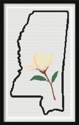 Mississippi & Magnolia Outline Map Black Cross Stitch Pattern