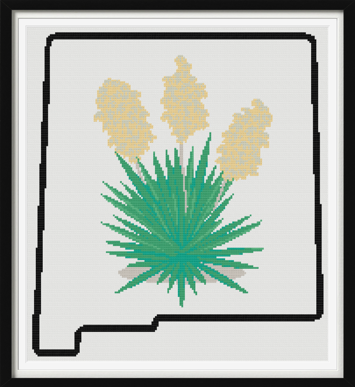 New Mexico & Yucca Flower Outline Map Black Cross Stitch Pattern