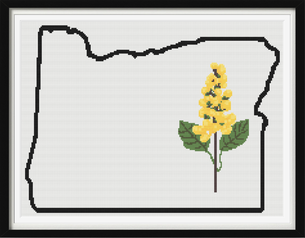 Oregon & Oregon Grape Outline Map Black Cross Stitch Pattern