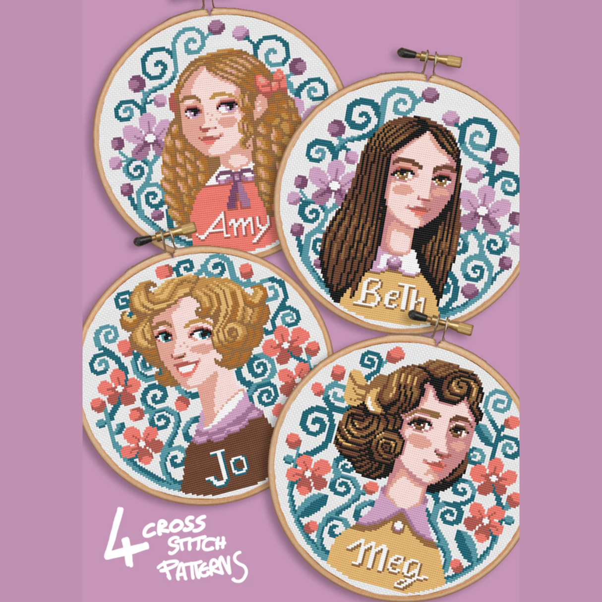 Little Women Jo, Meg, Amy & Beth March (Louisa May Alcott) Cross Stitch Pattern Bundle