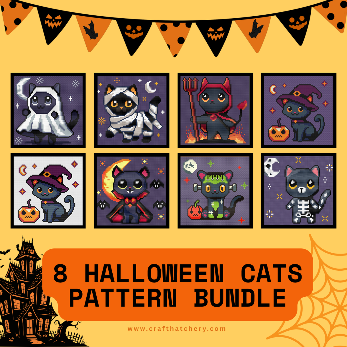 8 Halloween Cats Cross Stitch Pattern Bundle Collection