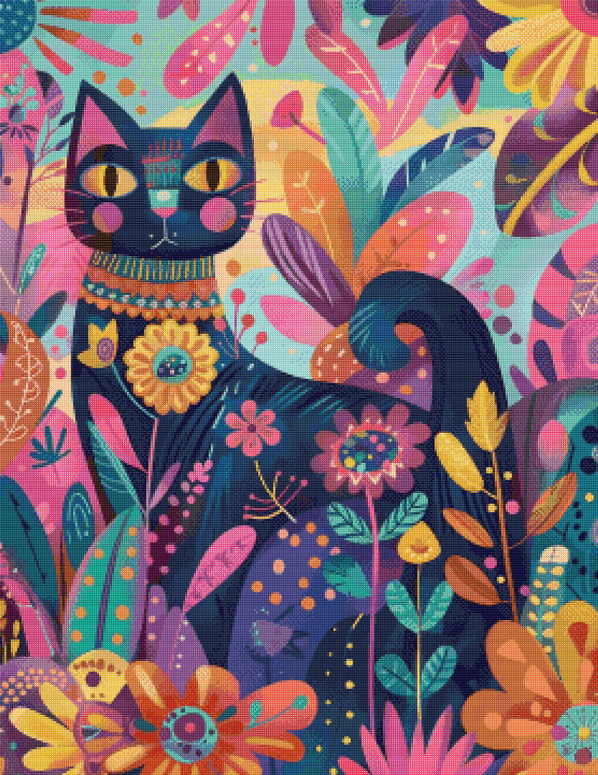 Hippie Floral Cat – Colorful Boho Cross Stitch Pattern