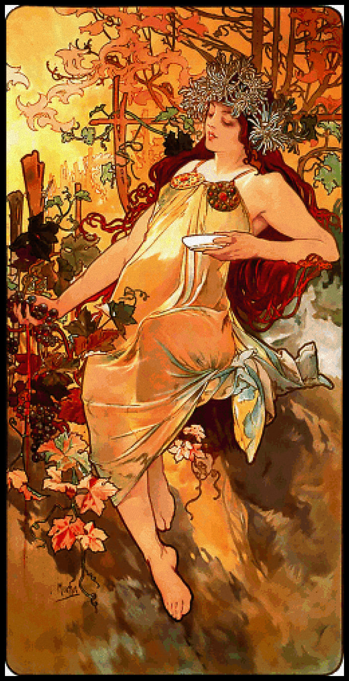 Autumn Alphonse Mucha Cross Stitch Pattern