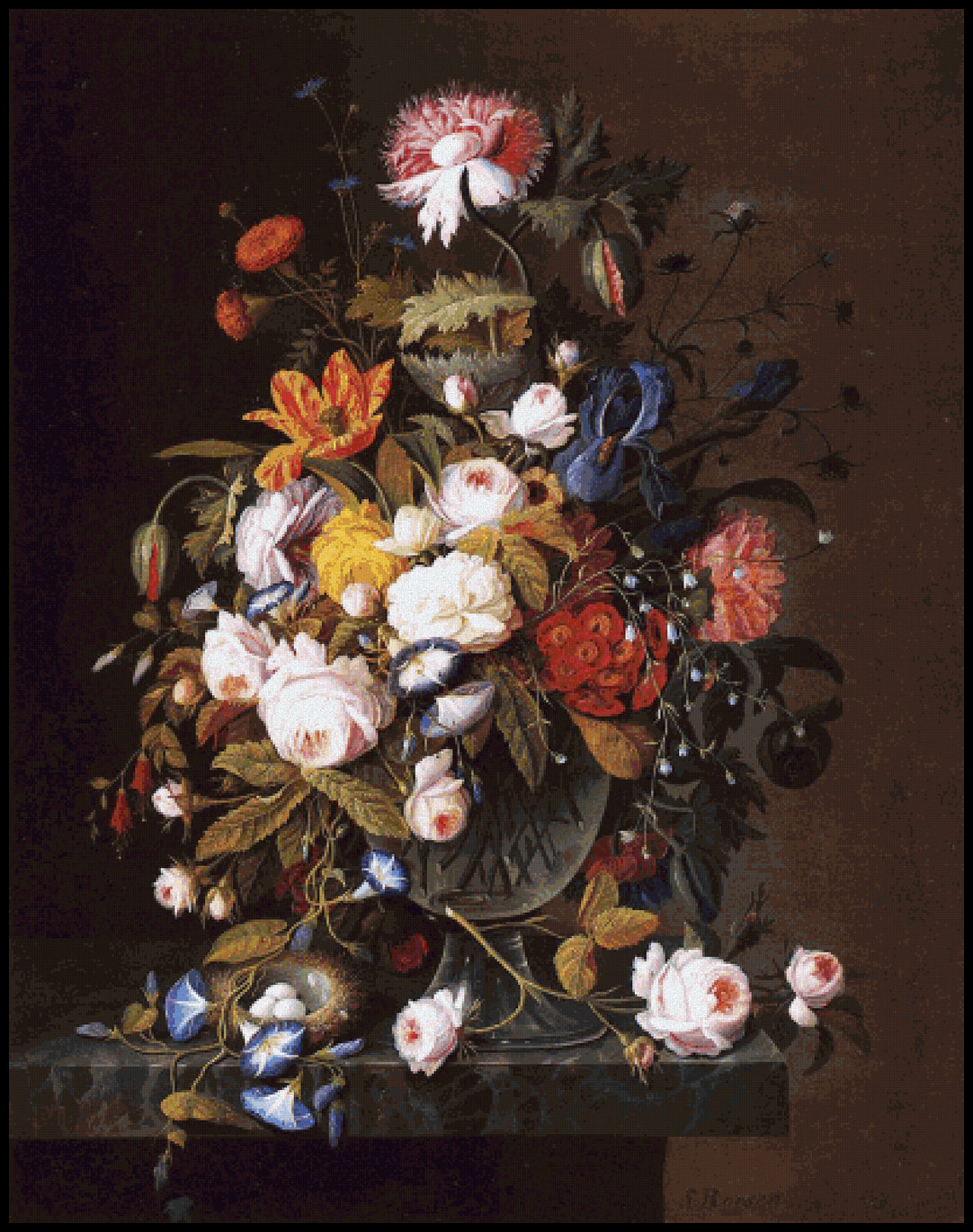 Floral Still Life with Bird's Nest Severin Roesen Cross Stitch Pattern