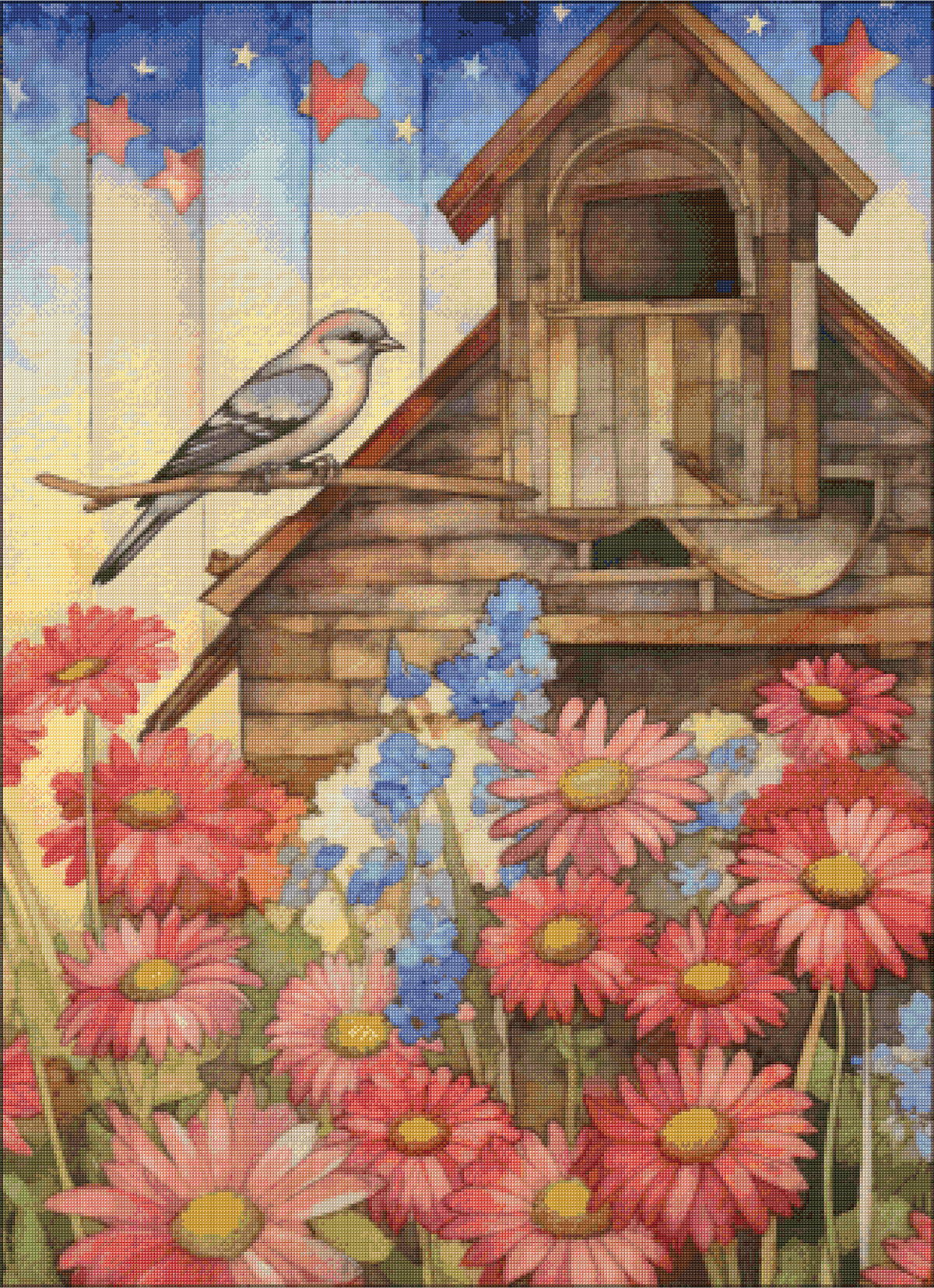 Rustic Americana Barn & Bird Cross Stitch Pattern