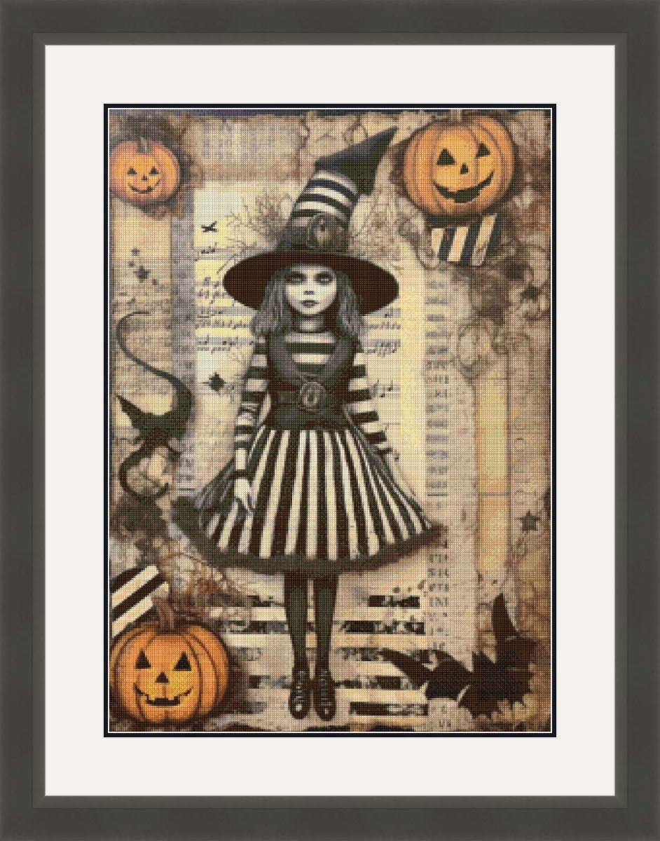 Striped Halloween Gothic Girl Cross Stitch Pattern