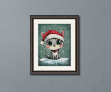 Christmas Cat with Santa Hat Cross Stitch Pattern