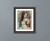 Romantic Redhead with White Cat Cross Stitch Pattern
