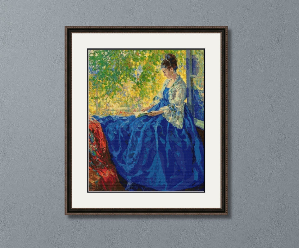 Young Woman Reading at an Open Window Caputo Cross Stitch Pattern