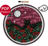 Black Cat in a Flower Field Cross Stitch Pattern