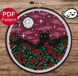 Black Cat in a Flower Field Cross Stitch Pattern