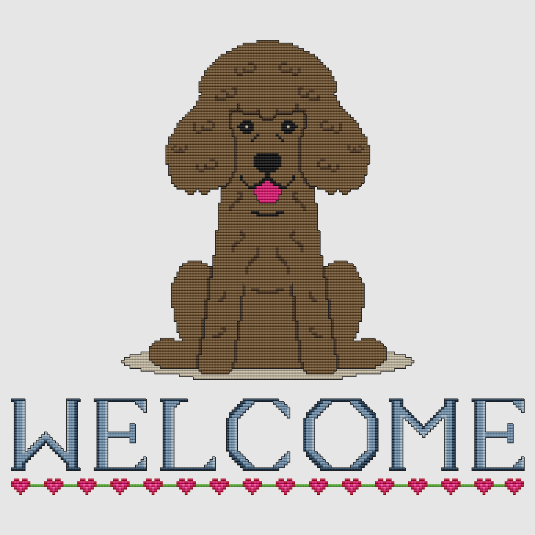 Poodle - Welcome (Chocolate) Cross Stitch Pattern