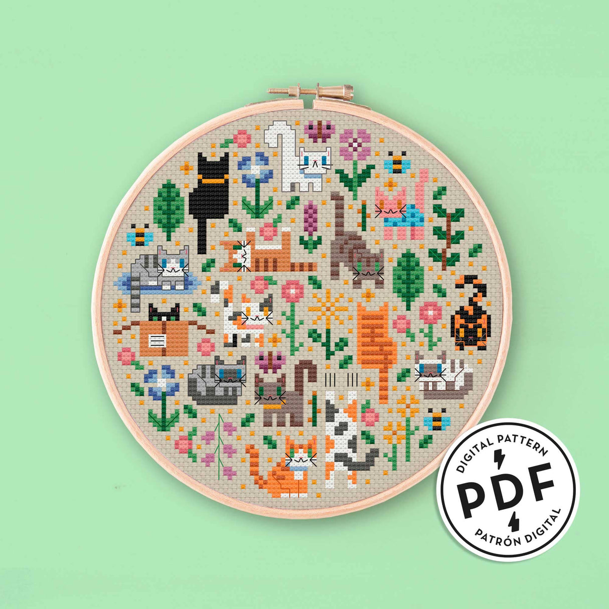 Mini Cat Garden Cross Stitch Pattern