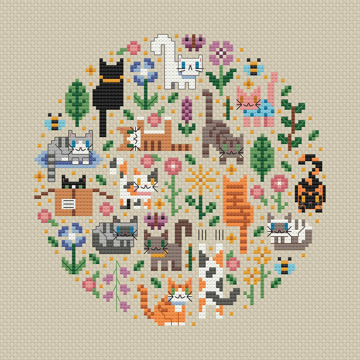Mini Cat Garden Cross Stitch Pattern
