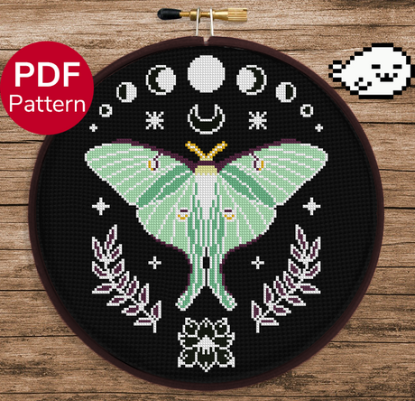 Mystical Luna Moth - Dark Backgrounds Cross Stitch Pattern