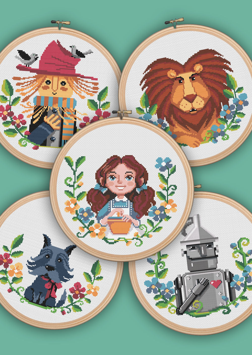 The Wizard of Oz Bundle: Dorothy, Toto, the Scarecrow, the Lion, and the Tin Man (L. Frank Baum) 5 Cross Stitch Patterns
