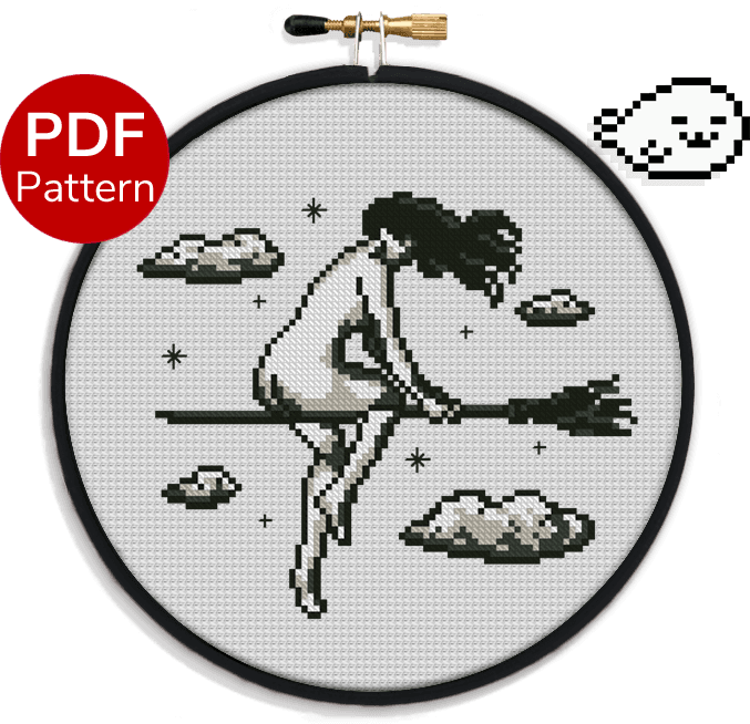 Witch on a broom Cross Stitch Pattern