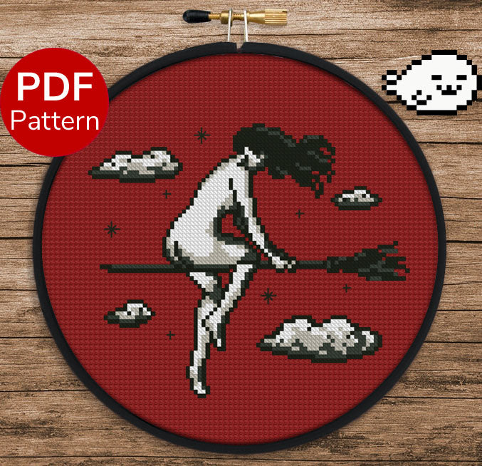 Witch on a broom Cross Stitch Pattern