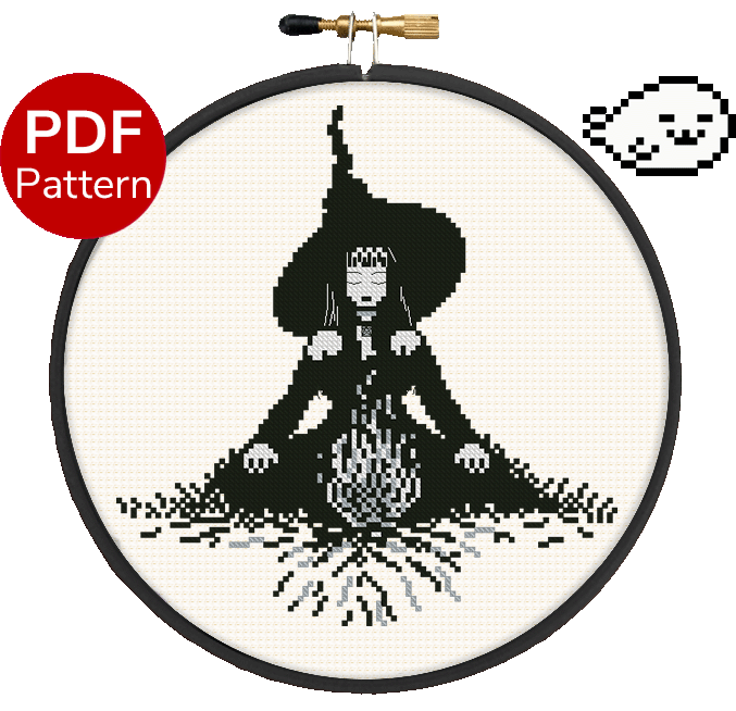 Witch on a campfire Cross Stitch Pattern