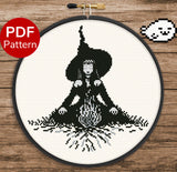 Witch on a campfire Cross Stitch Pattern