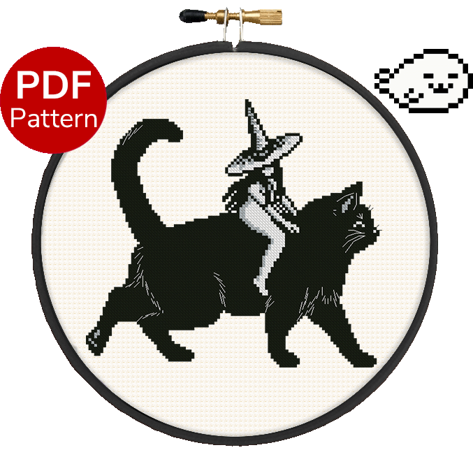 Witch on a cat Cross Stitch Pattern