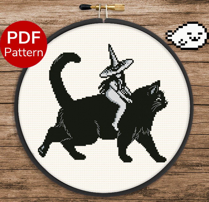 Witch on a cat Cross Stitch Pattern